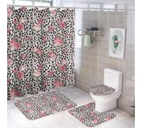 Set da bagno con tenda da doccia e tappeti, set di tappetini da bagno con motivo leopardato con rose, accessori decorativi per copriwater e tappetino a forma di U con 12 ganci
