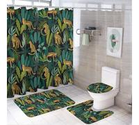 Set da bagno con tenda da doccia e tappeti, set di tappetini da bagno gialli con leopardo della giungla, accessori decorativi per copriwater e tappetino a forma di U con 12 ganci
