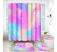 Set da bagno con unicorno arcobaleno con tenda da doccia e tappeti e accessori, set di tende da doccia con acquerello a forma di principessa dell'Universo,tende da doccia colorate per bagno, decorazione astratta del bagno, 4 pezzi