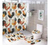 Set da bagno da 4 pezzi con tenda da a e tappeti - Set di tappetini da bagno con stampa della famiglia di galli alla moda, accessori decorativi per tappetino a forma di U e copriwater con 12 ganc