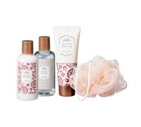 Set da bagno da 5 pezzi, gel da bagno 100 ml, lozione per il corpo, 100 ml, crema per le mani, 70 ml, pouf da 15 g e sacchetto cosmetico con motivo floreale