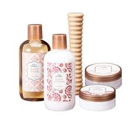 Set da bagno da 5 pezzi, gel da bagno, lozione per il corpo, esfoliante e crema per i piedi con massaggiatore in legno