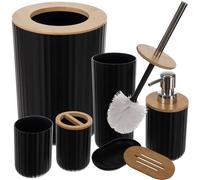 Set da bagno da 6 pezzi, 2 varianti di colore con dispenser di sapone in bambù, porta spazzolino, portasapone, portasapone, scopino WC 24635 (nero)