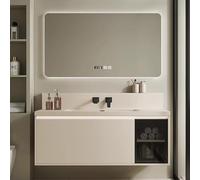 Set da bagno da 90 cm, con specchio intelligente, beige, include lavandino e rubinetto, cassetti portaoggetti dal design moderno per una decorazione elegante della casa