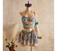 Set da bagno da donna con stampa solare, canotta con scollo ad aletta, perline verdi e gonna a rete, ultima moda per primavera, estate e autunno L,M,S,XLPianteTessuto