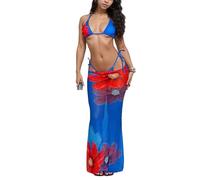 Set da bagno da donna in tre pezzi per vacanze al mare - Costumi da bagno stampati a contrasto, Blu, L