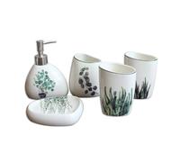 Set da bagno in ceramica 5 pezzi: dispenser di sapone, portasapone, 2 portaspazzolini e bicchiere(White-2)