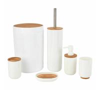 Set da Bagno in Legno Bamboo e Plastica Bianco e Naturale 6pz con Portascopino