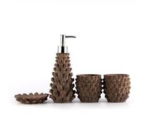 Set da bagno in resina a forma di pigna, 4 pezzi, dispenser di sapone, portasapone, 2 bicchieri for collutorio, arredo bagno marrone