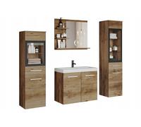 Set da bagno, mobili sospesi con lavabo, colonne e specchio, finitura castagno o