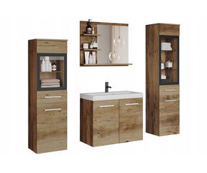 Set da bagno, mobili sospesi con lavabo, colonne e specchio, finitura castagno o