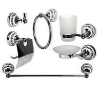 Set da bagno neoclassico in ceramica acciaio cromato vetro satinato opaco decorazioni floreali blu e nere 6PZ