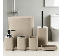 Set da bagno serie quadrata beige, include cestino, spazzola per WC, dispenser per sapone liquido, portaspazzolino, bicchiere e portasapone, design minimalista resistente all'usura, kit completo di ac