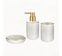 Set da bagno, set di 3 pezzi composto da dispenser di sapone, portasapone e portaspazzolino, bianco oro filo dorato set di tre pezzi