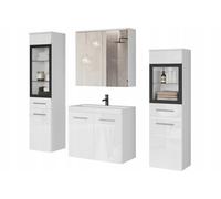 Set da bagno sospeso con lavabo, colonne e specchio, bianco lucido
