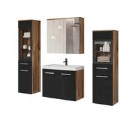 Set da bagno sospeso con lavabo, colonne e specchio, nero lucido Wotan