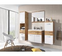 Set da bagno sospeso con lavabo, specchio e colonne, Wotan bianco lucido