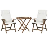 Set da balcone composto tavolo in acacia naturale e 2 sedie pieghevoli con cusci
