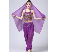 Set da ballo del ventre da donna con top luccicante con paillettes + pantaloni a lanterna + sciarpa per la testa con monete, costume per Ognissanti, carnevale, esibizione sul palco Top viola (4 pezzi)