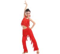 Set da Ballo Latino for Ragazze Sala da Ballo Pantaloni con Nappe con Frange Taglie Forti E Top con Frange Solide Salsa Samba Costume da Competizione Costumi di Pratica di Danza(Red,140)