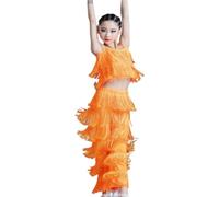 Set da Ballo Latino for Ragazze Sala da Ballo Pantaloni con Nappe con Frange Taglie Forti E Top con Frange Solide Salsa Samba Costume da Competizione Costumi di Pratica di Danza(Orange,140)