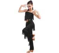 Set da Ballo Latino for Ragazze Sala da Ballo Pantaloni con Nappe con Frange Taglie Forti E Top con Frange Solide Salsa Samba Costume da Competizione Costumi di Pratica di Danza(Black,110)