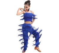 Set da Ballo Latino for Ragazze Sala da Ballo Pantaloni con Nappe con Frange Taglie Forti E Top con Frange Solide Salsa Samba Costume da Competizione Costumi di Pratica di Danza(Blue,170)