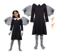 Set da bambina da vampiro da fata, include abito nero, accessori con ali nere, collant a righe, cravatta e orecchie a punta, perfetto per Halloween, giochi di travestimento e Giornata mondiale del