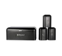 Set da Banco 4 pezzi Salter Boston - Contenitore per pane, barattoli per tè, zucchero e caffè, scritte in rilievo, robusti barattoli portaoggetti in acciaio al carbonio, nero lucido/cromato