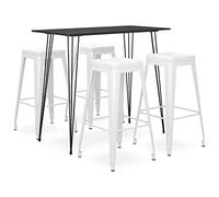 Set da bar da 5 pezzi, nero e bianco, con struttura in metallo e piano in MDF, 120 x 60 x 105 cm, 4 sgabelli impilabili con poggiapiedi, salvaspazio, per sala da pranzo e cucina moderni
