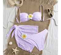 Set da bikini da donna in tessuto jacquard con decorazione di ibisco, sexy e senza schienale, 3 pezzi, adatto per spiaggia e vacanza L,M,S,XSColore unicoTessuto