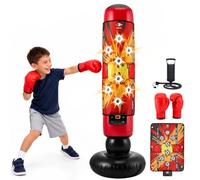 Set da boxe per bambini con guanti da 227 g e pompa, sacco da boxe gonfiabile con musica, luce e 4 modalità, allenamento di arti marziali autoportante con bersaglio adesivo, per ragazzi e ragazze 6-12