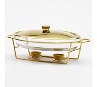 Set da Buffet per Scaldavivande, Contenitore Scaldavivande Ovale da 3 Litri con Pentola in Vetro, Coperchio in Metallo, Supporto in Acciaio Inossidabile per Feste Buffet Matrimoni Banc, Gold