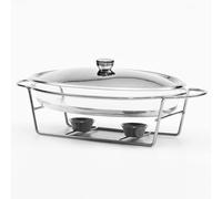 Set da Buffet per Scaldavivande, Contenitore Scaldavivande Ovale da 3 Litri con Pentola in Vetro, Coperchio in Metallo, Supporto in Acciaio Inossidabile per Feste Buffet Matrimoni Banc, Silver