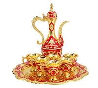 Set da Caffè Turco Vintage, Fiaschetta da Tè, Set da Tè Medio Per Donna con Vassoio Per Teiera E 6 Tazze, Tazze Per Vino in Metallo, Fiaschetta, Set di Artigianato Artistico, Regalo di Nozze(Rosso)