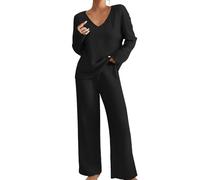 Set da casa lavorato a maglia per le donne nel Regno Unito, camicia da | Pigiama da donna in cotone a maniche lunghe, set da salotto da donna con scollo a V, leggero, vestibilità ampia
