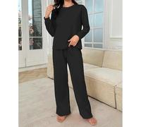 Set da casa minimalista da donna, comodo top a maniche lunghe in tinta unita e pantaloni a gamba larga, abbigliamento per la casa rilassato