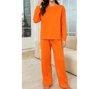 Set da casa minimalista da donna, comodo top a maniche lunghe in tinta unita e pantaloni a gamba larga, abbigliamento per la casa rilassato