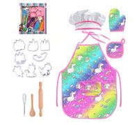Set da chef magico unicorno: set da chef per bambini da 15 pezzi, 4 pezzi - grembiule, guanti, cappello, accessori rosa, utensili da forno, costume per il gioco di ruolo - adatto per bambini da 3 a 8