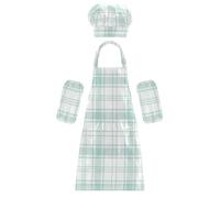 Set da chef per bambini con motivo scozzese verde menta e bianco crema, grembiule da cucina per bambini con tasche per cucinare e dipingere dai 3 ai 12 anni, Motivo scozzese verde menta e bianco crema