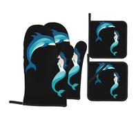 Set da cucina con immagine di delfini e sirene, 4 pezzi - Guanto da forno e presine isolati, antiscottatura e isolamento termico