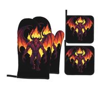 Set da cucina con immagine di demone nelle fiamme dell'inferno, 4 pezzi - Guanto da forno e presine isolati, antiscottatura e isolamento termico