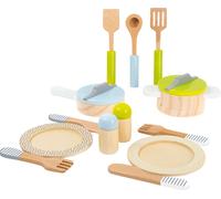 Small Foot- Set stoviglie e pentole Bambini, in Legno, 15 Pezzi, Un complemento Perfetto per Ogni Cucina da Gioco Ideale cucinetta, pz, 11098, Multicolore