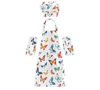Set da cucina per bambini con graziose farfalle in stile cartone animato, con tasche, per cucinare, cuocere, dipingere, artigianato, arte, 3-12 anni, cartone animato, carino, farfalle, bianco, S