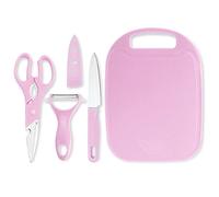 Set da cucina per la casa da 4 pezzi, forbici in acciaio inossidabile, coltello da cucina piccolo con coperchio, tagliere e pelapatate per frutta e verdura (Rosa)