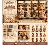 Set da cucito in miniatura, cerchi da cucito | Assemblaggio patchwork in tessuto per mensola scrivania comodino, scena di quattro personaggi con dettagli in tessuto