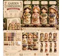 Set da cucito in miniatura, compagno di giardinaggio | Assemblaggio patchwork in tessuto per mensola scrivania comodino, scena di quattro personaggi con dettagli in tessuto
