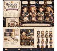Set da cucito in miniatura, Moonlights studios | Assemblaggio patchwork in tessuto per mensola scrivania comodino, scena di quattro personaggi con dettagli in tessuto