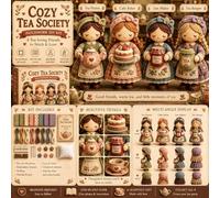 Set da cucito in miniatura, motivo Tea Art Association | Assemblaggio patchwork in tessuto per mensola scrivania comodino, scena di quattro personaggi con dettagli in tessuto