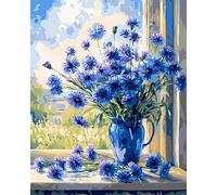 Set da dipingere con numeri per adulti con fiori su tela, vaso con fiordalisi sul davanzale della finestra, pittura ad acquerello acrilica fai da te, pittura con i numeri, come regalo per la